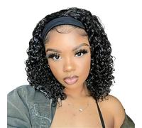 10 Inch Natural Black Short Wave Curly Headband Wigs, Women Synthetic Deep Half Wig for Daily Use