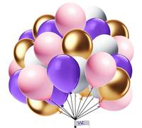 10 Inch Pack of Purple, Pink, White & Gold Balloons 50 Pack Balloon, Latex Balloons Birthday Party Balloon Decoration for Wedding Baby Shower Graduation Party Anniversary Occasions