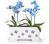 10 Inch Rectangle Ceramic Orchid Pot with Holes & Saucer - White, Effective Drainage & Ventilation for Indoor Orchids