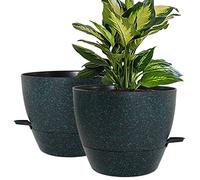 10 inch Self Watering Planters, 2 Pack Large Plastic Plant Pots with Deep Reservior and High Drainage Holes for Indoor Outdoor Plants and Flowers, Speckled Black with Green