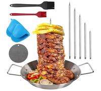 10 Inch Stainless Steel Vertical Kebab Skewer Stand with 6/8/10/12/14 Inch Spikes - Includes Grill Pan Set, Heatproof Gloves, Mat & 2 Brushes - for Oven, BBQ, Chicken, Shawarma, Fish & Tacos