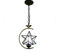 10 Inch Tiffany Style Stained Glass Mini Pendant Lights Modern Creativity Star Moon Art Lampshade Pendant Lamp Fixture with Iron Lamp Body for Dining Room,A