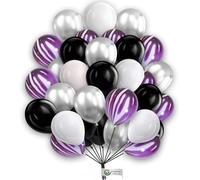 10 Inch White Silver Black 50pcs Balloon Pack White Purple Marble Balloons Set with Plain Balloons For Birthday Party Balloon Decoration for Wedding Baby Shower Graduation