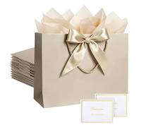 10 Large Champagne Gold Gift Bags with Tissue Paper & Satin Ribbon, Premium Matte Paper Present Bags with Rope Handles, Reusable Gift Wrapping Bag for Birthdays, Weddings, Christmas, 32 x 11 x 25 cm