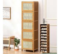 10-Layer Bamboo Shoe Rack with Doors - Slim Free Standing155cm Tall Rattan Design for Entryway & Closet Stylish Storage Solution for Shoes & Accessories Space-Saving Design