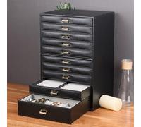 10 Layer Extra Large Jewelry Organizer Box with Drawer, Faux Leather Earrings Rings Necklace Tray Case, Jewelry Storage Solution for Women