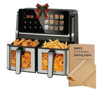 10 Litre Large dual zone Basket Air Fryer Viewing Window 12-in-1 Digital Touchscreen AirFryer,Sync Cook to Bake,Roast,Reheat,Broil,Thaw,Nonstick Dishwasher Safe,with 50pcs Paper Liners