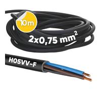 10 m Kalitec H05VV-F Hose Cable 2 x 0.75 mm² I Power Cable without Protective Conductor I PVC Cable for Indoor I Electric Cable Black I Lamp Cable Flexible I Device Cable 2 Core