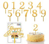 10 Number Cake Plug in, with 1 Happy Birthday Plug in, Mini 0-9 Plug in Set, Acrylic Cake Decorating Supplies, Suitable for Birthday Party, Anniversary Party, Wedding Party (Golden)