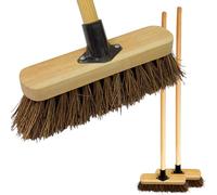 10” Outdoor Yard Broom with Wooden Handle Stiff Bassine Hard Bristles & Durable Support Bracket Heavy Duty Garden Brush Deck Broom & Scrubbing Brush for Driveways Patios and Decks (PACK OF 2)