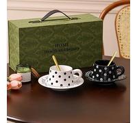 10 oz Elegant Ceramic Coffee Cup Set with Gift Box Packaging,2 Cups + 2 Saucers + 2 Spoons,Afternoon Tea Cup Set with French Polka Dots for Valentine's Gift,Elegant Gift for Couples (Polka dot Style)
