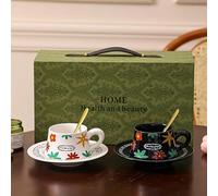 10 oz Elegant Ceramic Coffee Cup Set with Gift Box Packaging,2 Cups + 2 Saucers + 2 Spoons,Medieval Style Afternoon Tea Cup Set for Valentine's Gift,Elegant Gift for Couples (Medieval Floral Style)