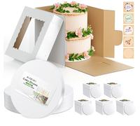 10 Pack 10 Inch Cake Board and Box (5 Boxes & 5 Boards) , 5Pcs 10x10x10 Inch Tall Cardboard Packaging Carrier with Lid, 5Pcs 12mm (1/2") Thick Corrugated Round Cake Drums for Multi-Layer Cakes, White