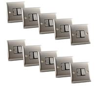 10 Pack - 13A Switched Fused Spur - No Neon - Brushed Chrome Slim Edge - Stainless Steel Connection Unit - BS1363 Certified - Trade Bulk Pack for Kitchen & Fixed Appliance Isolation