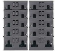 10 PACK 2 Gang Double UK Plug Socket BLACK NICKEL 13A Switched Power Outlet