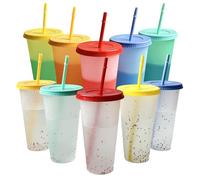 10 Pack 24oz Color Changing Cups with Lids & Straws - Reusable Magic Thermal Tumbler for Cold Drinks, Includes Cleaning Brush, 5 Vibrant Colors - Iced Coffee, Smoothie, Travel Mug for Kids & Adults