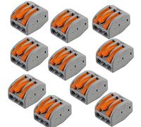 10 PACK | 3 Way 32 AMP WAGO Lever Connector | Electrical Push Snap Fit Terminal Block | Reusable Lighting Junction Choc Clamp | 0.08mm² - 4mm² Power Cables | 222-413 | 400V Max Spring Arm Wire Holder