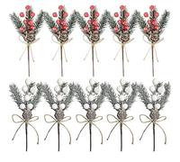 10 Pack Christmas Artificial Pine Picks Pine Needles with Pines Cones Red White Berry Stems, Holly Berries Picks for Christmas Decorations Xmas Wreaths Home Décor