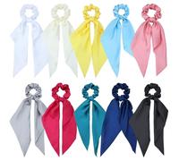 10 Pack Colorful Solid Satin Long Ribbon Knotted Hair Bows Scrunchies Hair Ties Ponytail Headbands Elastics Rubber Hairbands Bubbles Rings Holder Accessories for Women