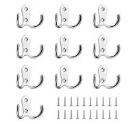 10 Pack Double Prong Robe Hooks, Dual Coat Hooks, Heavy Duty Wall Mounted Hook with Screws, Metal Clothes Hook for Coat, Hat, Scarf, Bag, Towel, for Home Living Room Bedroom Bathroom Kitchen (Sliver)