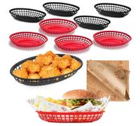 10 Pack Fast Food Baskets suit, 24 x 15.5 x 4.5cm Oval Fast Food Baskets, 50 Sheets Food Grade Wrap Paper, for Hotdogs, Burgers, Fries, Sweets, Crisps, Snacks, Barbecues, Picnics, Parties