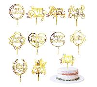 10-Pack Happy Birthday Cake Inserts, Gold Cake Toppers, Cupcake Toppers, Birthday Cake Flags for Boys and Girls Birthday Party
