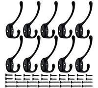10 Pack Heavy Duty Dual Coat Hooks Wall Mounted with 40 Screws Retro Double Hooks Utility Black No Rust Hooks for Coat, Scarf, Bag, Towel, Key, Cap, Cup, Hat (Black)