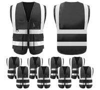 10 Pack Hi Vis Vests Bulk for Men Women Black High Visibility Reflective Safety Security Vest with Pockets and Zipper for Build Oudoor Work, XL