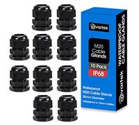 10 Pack M20 20mm IP68 Waterproof Black Cable Glands, Suitable for 6mm - 12mm Cables, Plastic Nylon Compression Glands Connectors with Locknut and Washer - AVARTEK