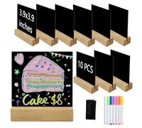 10 Pack Mini Acrylic Chalkboard Signs, Table Top Chalkboard Signs with Wooden Stands, 3.9x3.9 inch Black Board Food Labels for Buffet Outdoor Wedding Table Numbers, Reserved, Cafe, Menu (Natural)
