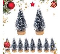 10 Pack Mini Christmas Trees - 6.5cm Hemp Fiber & Wire Handmade with Wood Stand, for DIY Snow Globes, Cake Decorations, Festive Crafts (A)