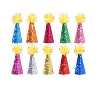 10 Pack Mini Party Hats for Stuffed Animal Figures, Tiny Birthday Hats with Glitter Pom Poms & Adjustable Headband for Hamster, Pig, Bird, Mini Animal Figure Jcy893 (White, 2x2x6cm)