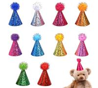 10 Pack Mini Party Hats for Toy Animals, Tiny Adjustable Hats with Shiny Pom Poms for Mini Dog Kittens Teddy Toys Dolls Crafts, Birthday Cake Decorations Party Accessories
