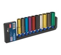 10 PACK Multi Colour DEEP Socket Set 1/2" Metric Square Drive - 6 Pt WallDrive