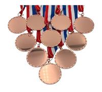 10 Pack of 2-1/4 inch Diameter Die-Cast Metal Shiny Bronze DIY Blank Insert Medals and Attached Red White and Blue Neck Ribbons.