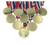 10 Pack of 2-1/4 inch Diameter Die-Cast Metal Shiny Gold DIY Blank Insert Medals and Attached Red White and Blue Neck Ribbons.