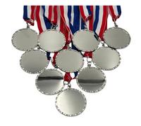 10 Pack of 2-1/4 inch Diameter Die-Cast Metal Shiny Silver DIY Blank Insert Medals and Attached Red White and Blue Neck Ribbons.
