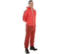 10 PACK - Poly Prop White Economy Lightweight Disposable Overall Boilersuit Red - Zip up, elasticated hood, ankles and wrists (Small)