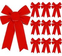 10 Pack Red Bows Christmas Tree Decorations,9”x13”Large Velvet Ornament Bow with Glitter Gold Edge for Xmas Home Wreath Fence Stairs Railing Fireplace Indoor Outdoor Front Door Decor