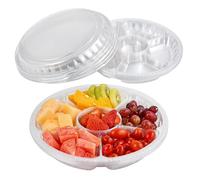 10 Pack Round Appetizer Serving Trays with Lids, 10 Inch Clear Plastic Veggie Fruit Snack Vegetable Food Serving Platters, Disposable Compartments 6 Sectional Catering Trays for Party and Buffet