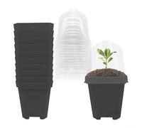 10 Pack Square Plastic Starter Containers with Humidity Domes and Drainage Trays for Germination and Early Growth Stages (15.5cm Black)