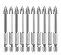 10 Pack Tile Drill Bits 6mm, 4-Blade Cross Tungsten Carbide Tip Glass Drill Bit Set, 1/4" Hex Shank Masonry Drill Bits for Porcelain Tiles, Mirrors, Concrete, Brick Wall, Wood & Aluminium (Silver)