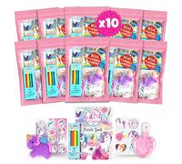 10 Pack Unicorn Pre Filled Party Bags for Kids with Unicorn Puzzle Book, Mini Colouring Pencil Crayons, Sticker Sheets, Bubble Tubes, Temporary Tattoo Sheets and Squishie