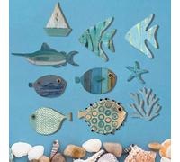 10 Pack Vintage Ocean Wall Decor Wooden Fish Starfish Coral 2D Coastal Wall Art Nautical Farmhouse Bathroom Bedroom DIY Hanging Decor Set