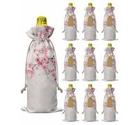10 Pack Wine Bottle Bags, Cherry Blossoms Wine Bottle Cover with Drawstring, Gift Bag for Champagne, Wedding, Birthday, Christmas, Thanksgiving, Party Pink Spring Floral Rustic Burlap