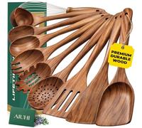 10 Pack Wooden Spoons for Cooking, Teak Wood Kitchen Utensils Set for Non Stick Use, Spatula Set for Stirring, Baking, Non Stick Wooden Utensils for Kitchen