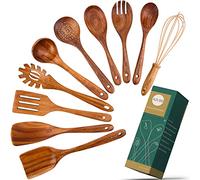 10 Pack Wooden Spoons for Cooking, Teak Wood Kitchen Utensils Set for Non Stick Use, Spatula Set for Stirring, Baking, Non Stick Wooden Utensils for Kitchen