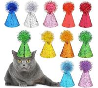10 Packs Cat Birthday Hats, Dog Party Hats, Multi-Color Cat Hats, Mini Party Hats, Cute Puppy Hats with Pom Poms, Adjustable Headbands Birthday Hats for Dogs Kittens Rabbits Animals Friends