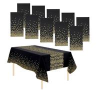 10 Packs Party Tablecloths Disposable Table Cloths Covers Wipeable Plastic Tablecloth Waterproof Table Decoration for Indoor Outdoor Birthdays Weddings Christmas (Black Gold with Runner Printed)