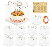 10 Packs Transparent Cake Box, 12x12x12cm Square Clear Cake Boxes with Handle & Base, Dessert Boxes Transparent Plastic Baking Box for Wedding Birthday Party Favors- Includes Stickers and Ribbon